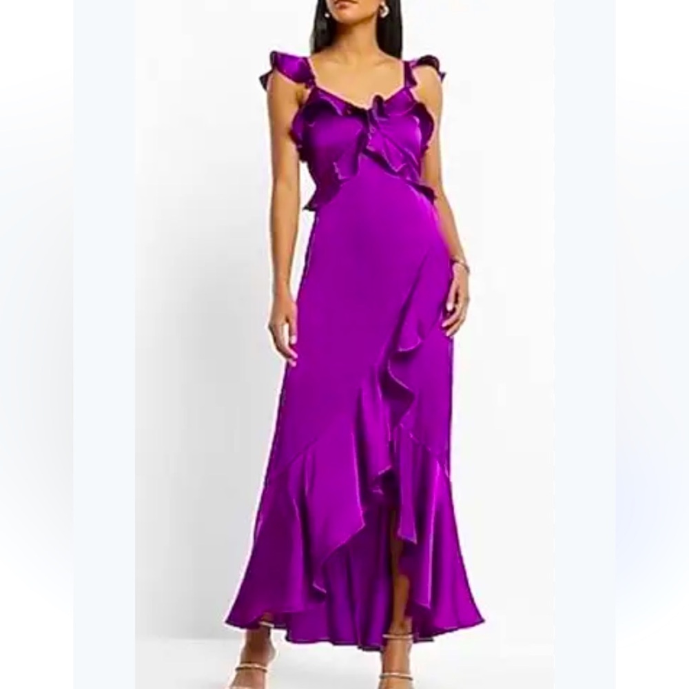 NEW! EXPRESS New Purple Satin V-Neck Ruffle Hi-Lo Maxi Dress